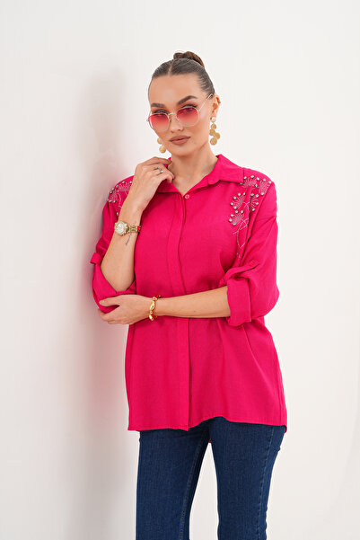 ZENA BY ÇETİN LEVENT Women's Pearl Detailed Casual Loose Fit Shirt