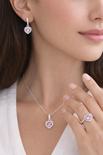 Çeram Çelik Pembe Zirkon Taşlı Kolye Küpe Yüzük 3 Lü Gümüş Rengi Takı Seti