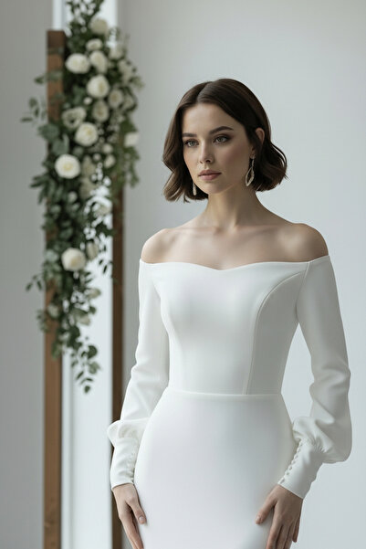 ENDAMIM Boat Neck Fish Dress Long Sleeve Balloon Sleeve Lined Zipper Wedding ...