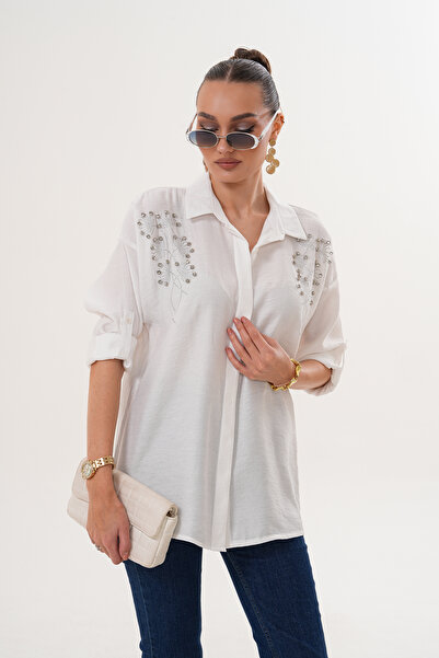 ZENA BY ÇETİN LEVENT Women's Pearl Detailed Casual Loose Fit Shirt