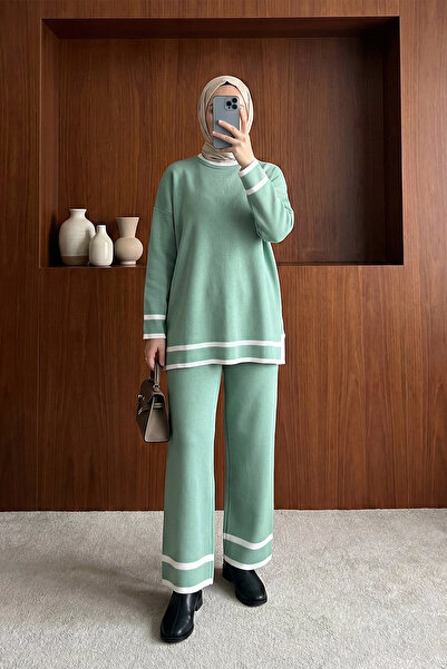 MODAQU Tunic Pants Knitwear Set with Striped Cuffs - Water Green