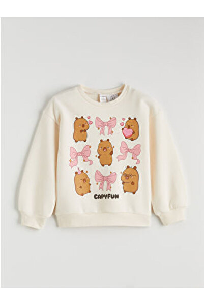 LC Waikiki M1 Sezon Ecru Crew Neck Capyfun Printed Girls' Thick Sweatshirt