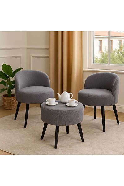 PUFMANYA ROMEO PELUŞ KUMAŞ GÜRGEN AYAKLI ÇAY SETİ 2 ADET SANDALYE +1 ADET PUF