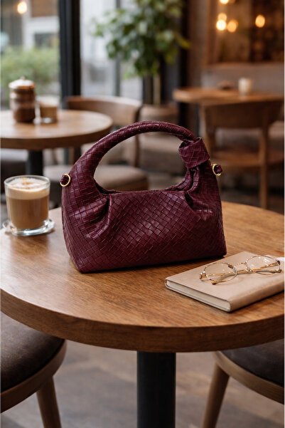 DENSİLA Women's Patterned Burgundy Mini Chain Hand and Shoulder Bag