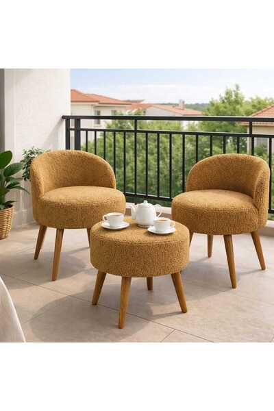 PUFMANYA ROMEO PELUŞ KUMAŞ GÜRGEN AYAKLI ÇAY SETİ 2 ADET SANDALYE +1 ADET PUF