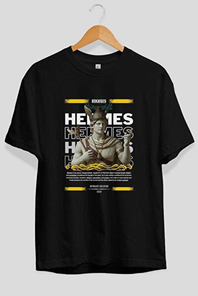 Ankhises Hermes 1 Mythology μπροστινό με στάμπα μαύρο μπλουζάκι Oversize Ανδρ...