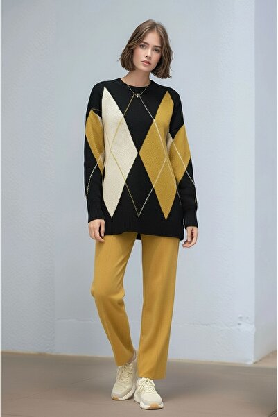 MAMAYAGA Women's Long Sleeve Diamond Pattern Crew Neck Tunic Oversized Knitwe...