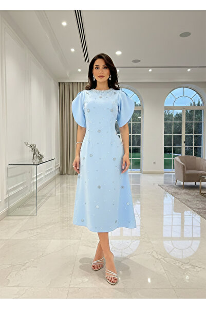 DVNA Hand-embroidered sky blue midi dress (Soft Sky Blue Charm)