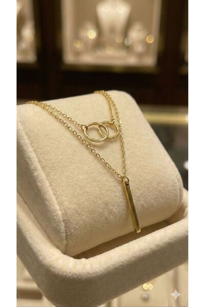 Elifin ışığı Gold Renk İç İçe Halka ve Çubuk Figürlü İkili Görünümlü Çelik Kolye