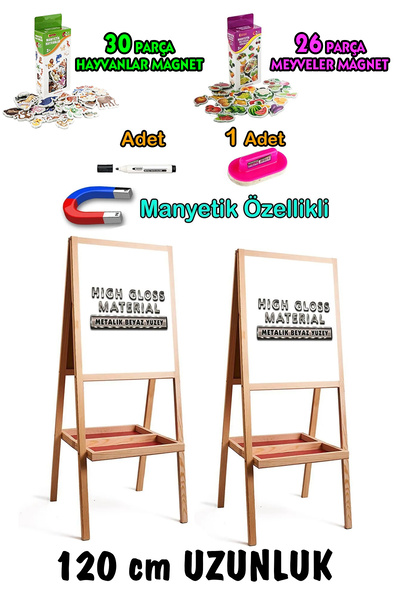 PinkToys 120 cm gerçek metal yüzey çift tarafı beyaz yazı tahtası meyve hayva...