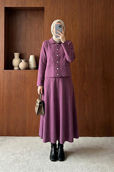MODAQU Buttoned Cardigan Skirt Knitwear Set - Plum