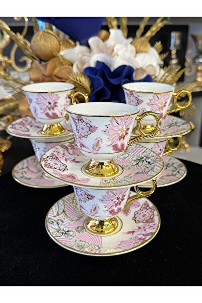 LOKMAN ZÜCCACİYE SHOWROOM 6-Piece Standing Pink Color Golded Turkish Coffee C...