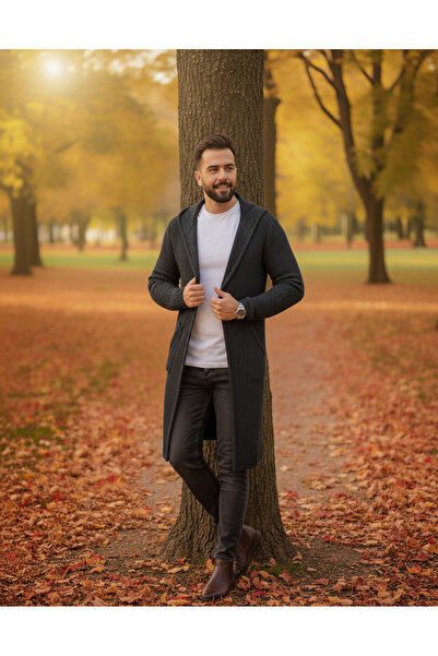 elkumoda Men's Smoked Black Hooded Knit Cardigan - Textured Long Knit Cardigan