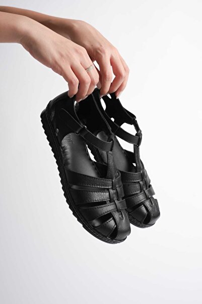 AYAKKABİSEPETİ Black Genuine Leather Women's Orthopedic Sandals