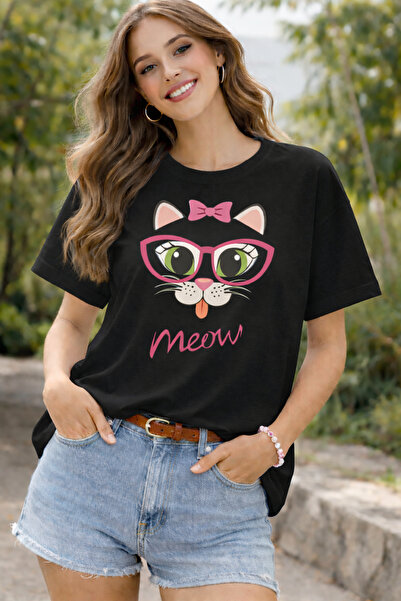 ArtYus Bow Tie Kitten Meow Printed Cotton Relaxed Fit Round Neck Unisex T-Shirt