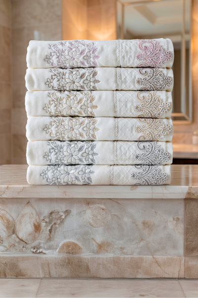 VELANORA HOME 6-Piece Special Series Dowry Set with Lace Embroidery 50X90 cm Luxury Design 100% Cotton Towel