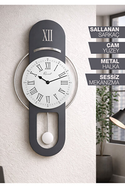 Racart Hareketli sarkaç, Cam Yüzeyli, Metal halkalı, Dekoratif Duvar Saati RO...
