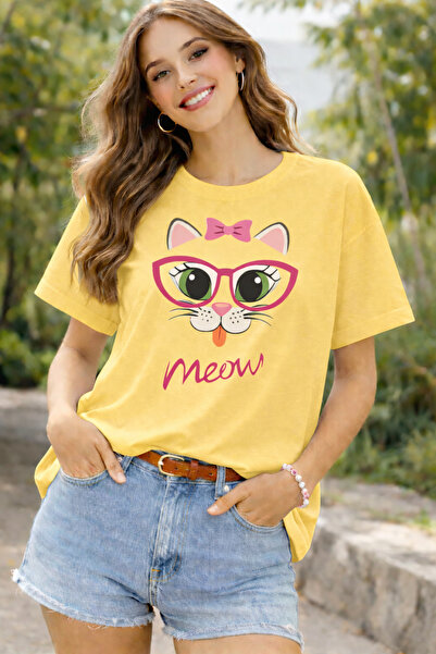 ArtYus Bow Tie Kitten Meow Printed Cotton Relaxed Fit Round Neck Unisex T-Shirt