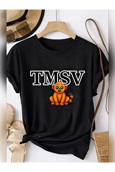 TİMİSİVA Unisex Oversized Sanatsal Printed Crew Neck Short Sleeve Black T-Shirt