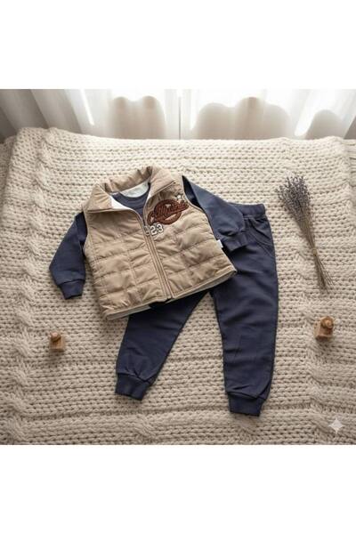 AYDEDE KİDS Boy's Printed Vest 3-Piece Set Casual Stylish Sports Combination