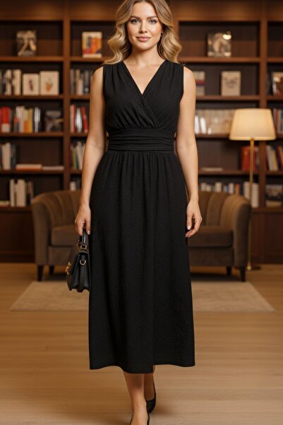 Mossta Double-Breasted Collar, Elastic Waist, Flared Dress - Black