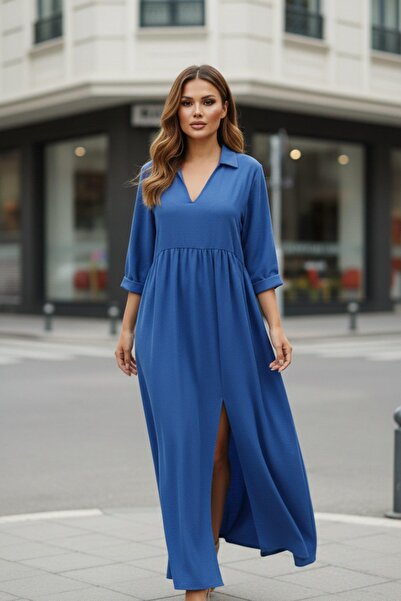 Mossta Truvakar Sleeve Shirt Collar Maxi Length Aerobin Dress - Blue