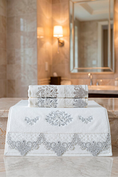 VELANORA HOME مجموعة من 3 مناشف زينة للعروس من سلسلة خاصة، مطرزة بالدانتيل، م...