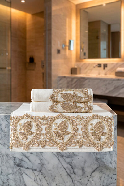 VELANORA HOME طقم مناشف زينة فاخرة مكون من 3 قطع بنمط أوراق الشجر مقاس 50x90 ...