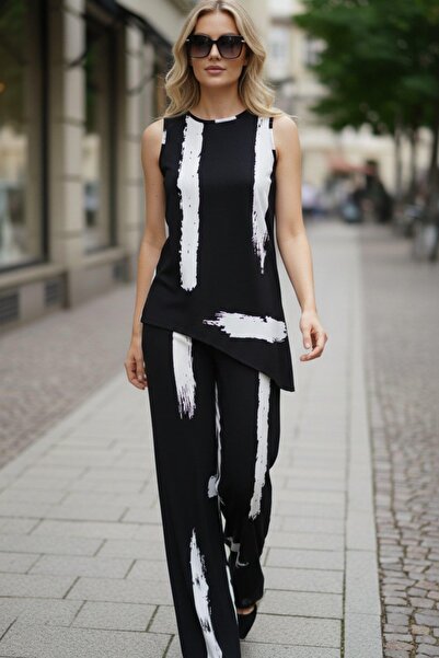 Mossta Patterned Sleeveless Blouse and Wide-Leg Pants Set - Black