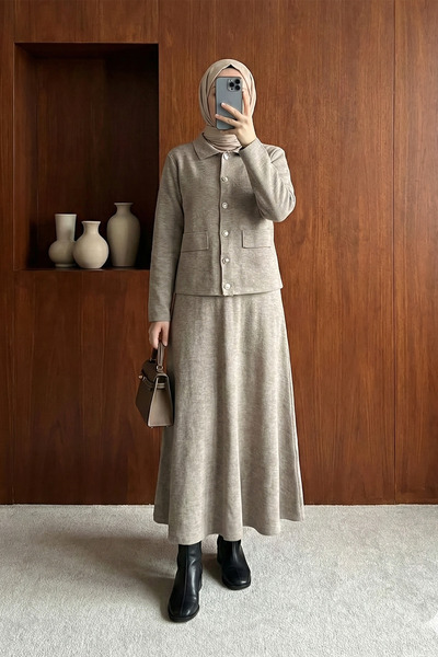 MODAQU Buttoned Cardigan Skirt Knitwear Set - Toprak