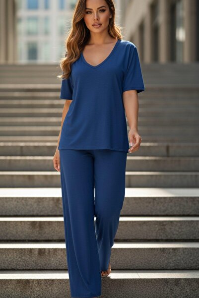 Mossta V-Neck Bat Sleeve Casual Viscose Double Set - Navy Blue