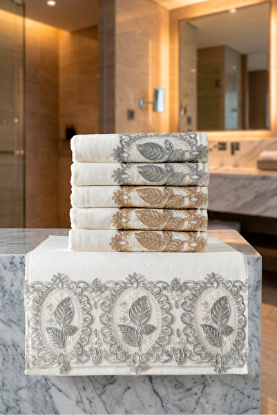 VELANORA HOME طقم مناشف فاخرة مكون من 6 قطع بنمط أوراق الشجر مقاس 50x90 سم مص...