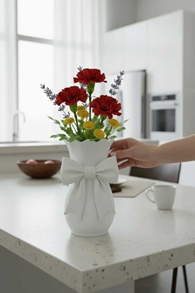 Dropcek eticaret Fiyonklu Dekoratif Vazo Beyaz | Masa Üstü Salon Çiçeklik