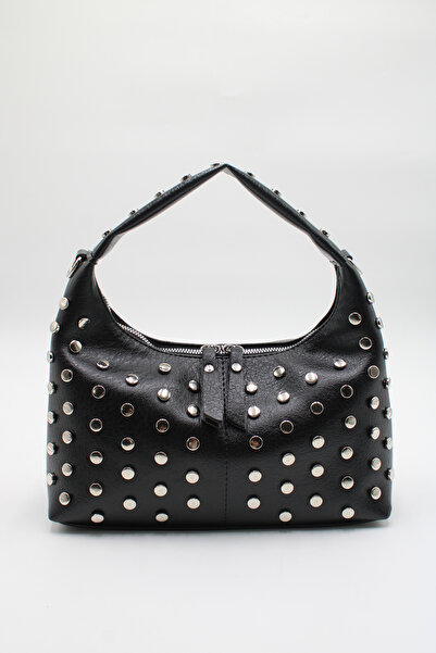 LASSO Women's Leather Studded Detailed Zipper Closure Hand, Arm and Shoulder Bag