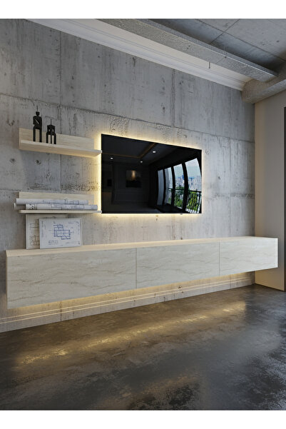 WALL-MOUNTED TV STAND WITH RECITAL LED - TRAVERTINE -W6022-8