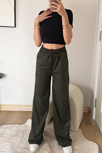 İlayda Toprak Glow Haki Cyrstal Detail Simli Bol Kalıp Cool Eşofman Altı