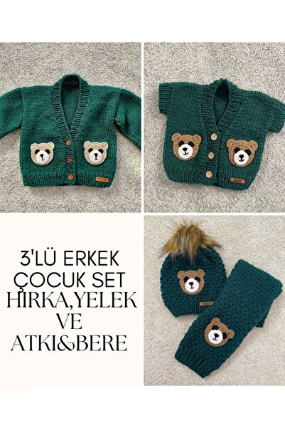 NEVALİN El Örgüsü Erkek Çocuk Hırka Yelek Atkı Bere 3 lü Set Sevimli Ayıcık D...