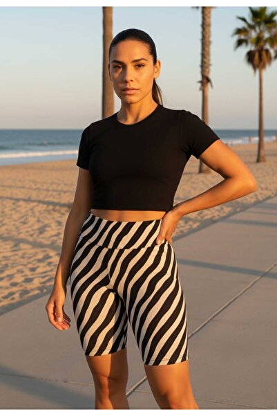 Storizaa Women's High Waist Zebra Patterned Twill Shorts Leggings – Gathering...