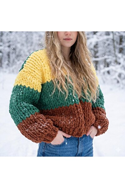 MESKSTORE El Örgüsü Puffy Hırka / Sıcak Yumuşak Tutan Kadın Hırkası