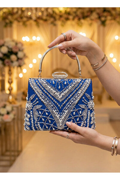 Telli Art Navy Blue Stone and Bead Detailed Evening Bag – with Handle and Cha...