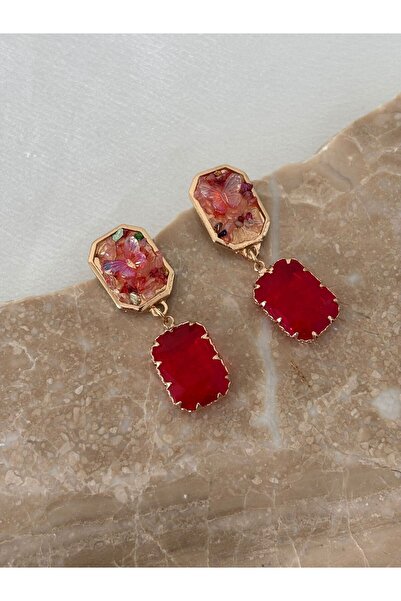 BIJUTERI Red Diamond Earrings with Butterfly Detail