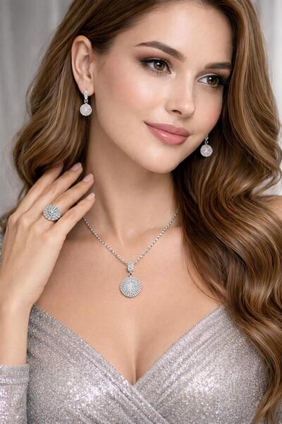 Çeram Çelik Zirkon Yuvarlak Uçlu Kolye Küpe Yüzük Gümüş Rengi Takı seti