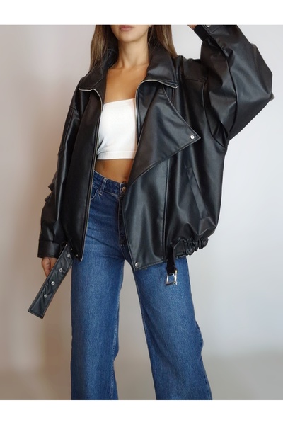 oyagüler Women's Black Faux Leather Oversize Asymmetric Zippered Lined Long Biker Leather Coat Yy101285