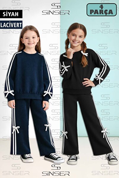 SS SİNSER Girl's Bow Detailed Ribbon Detailed Crew Neck Tracksuit Set of 2