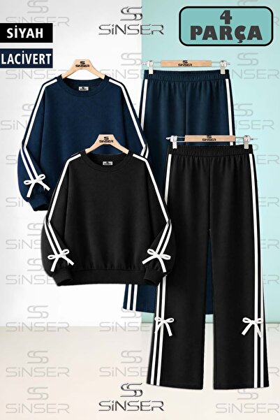 SS SİNSER Sade Girls' Bow Detailed Ribbon Crew Neck 2-Piece Tracksuit Set