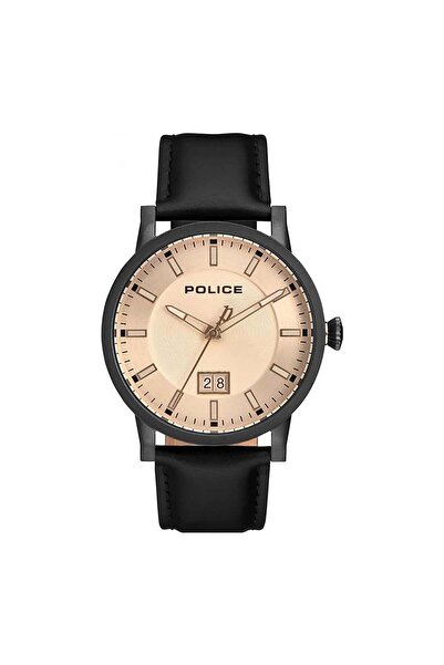 Police Men's Black Leather Watch, Champagne Dial