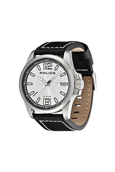 Police Men's Black Leather Watch, Silver Dial
