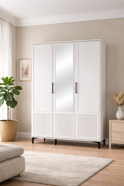 Regno Mobilya Elif 3 Kapaklı ( Aynalı ve Ayaklı) Dolap Beyaz