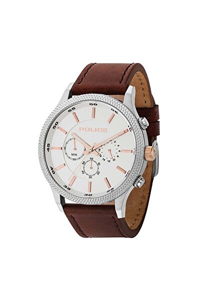 Police Men's Brown Leather Watch, Silver Dial