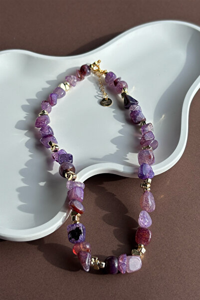 Merse Atelier Mor Akik Doğal Taşlı Kolye